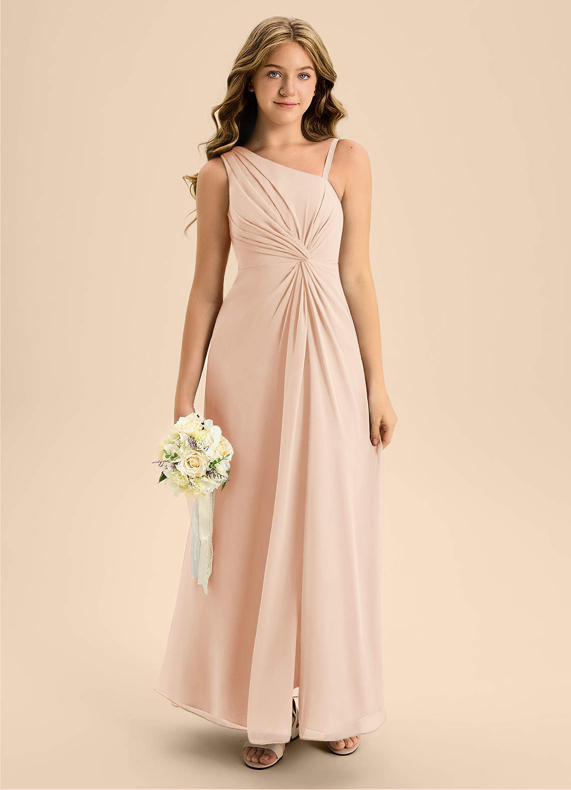 Azazie Brooke Junior Vestido de Rosa Inglesa de Gasa de Corte en A con Corte Lateral image2