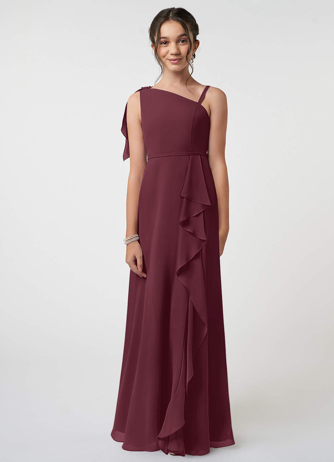 Azazie Aidy Junior Robe Trapèze en Mousseline de soie Arc Cabernet image1