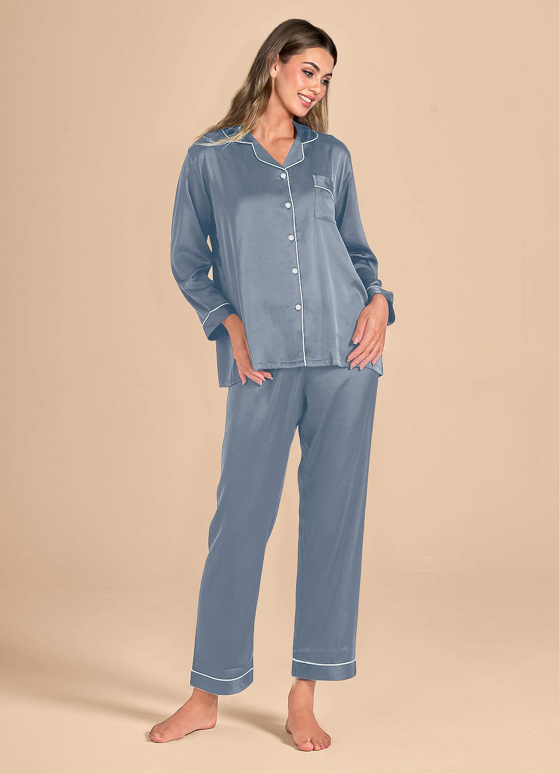 front Long Sleeves and Pants Satin PJ Set