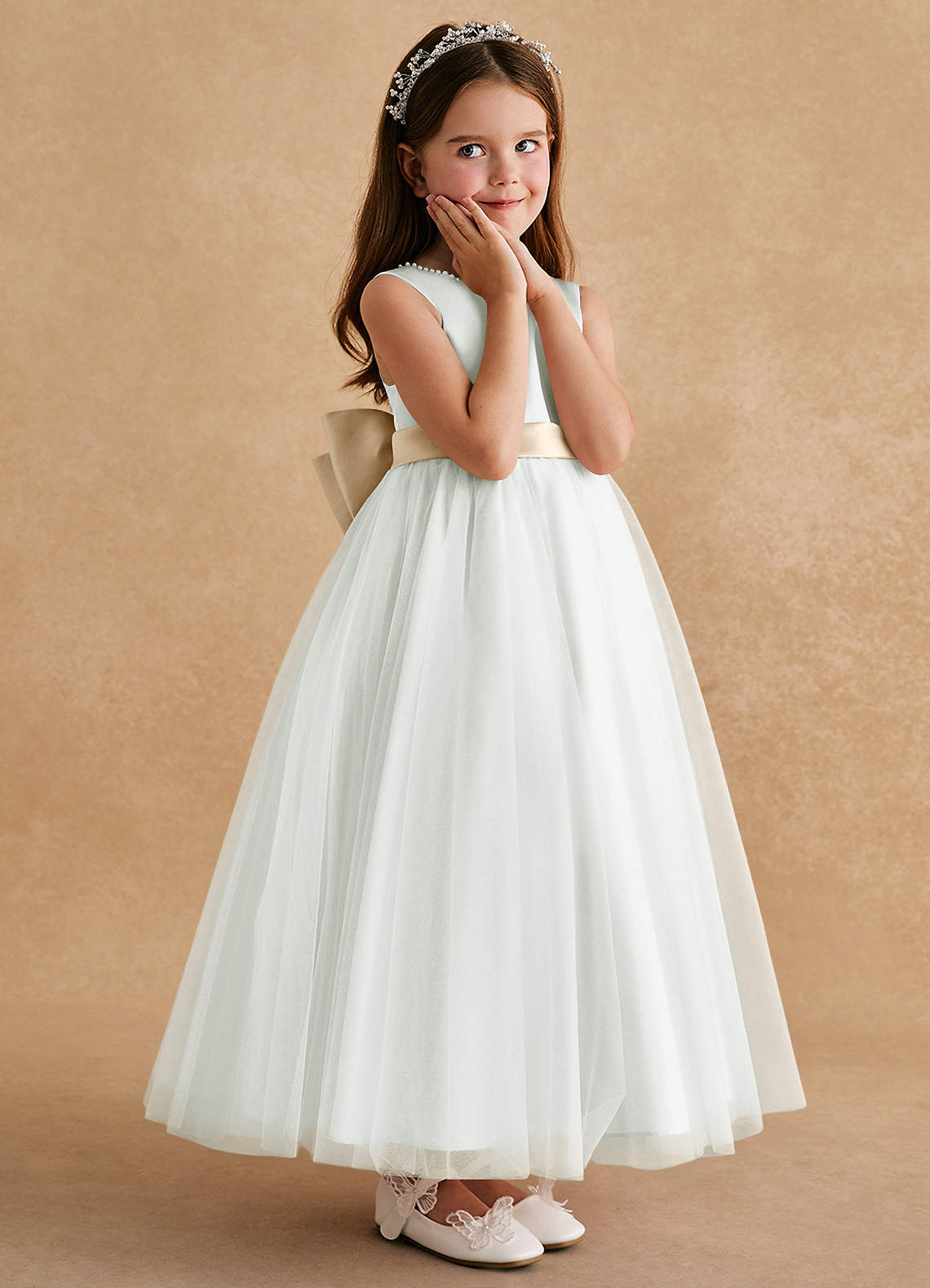 Azazie Cookie Flower Girl Dresses Ivory Champagne A-Line Bow Tulle Dress image2