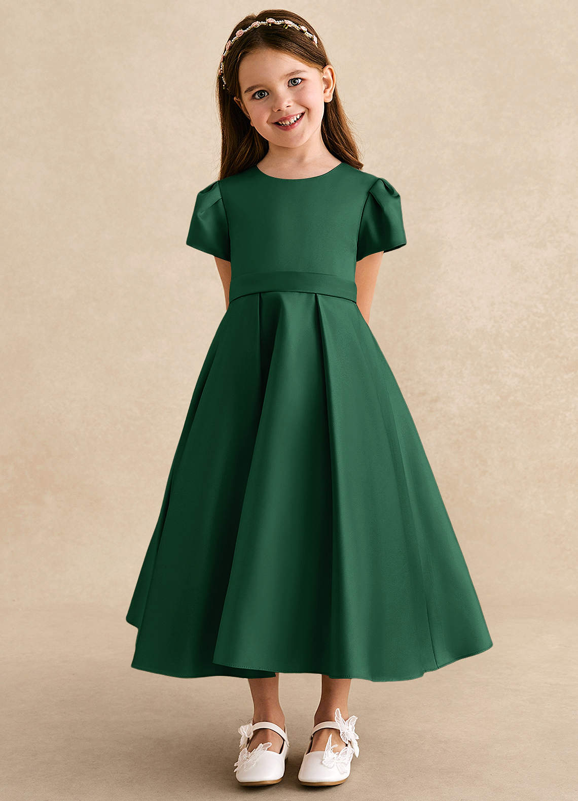 Azazie Princess Flower Girl Dresses Dark Green A-Line Pleated Matte Satin Dress image5