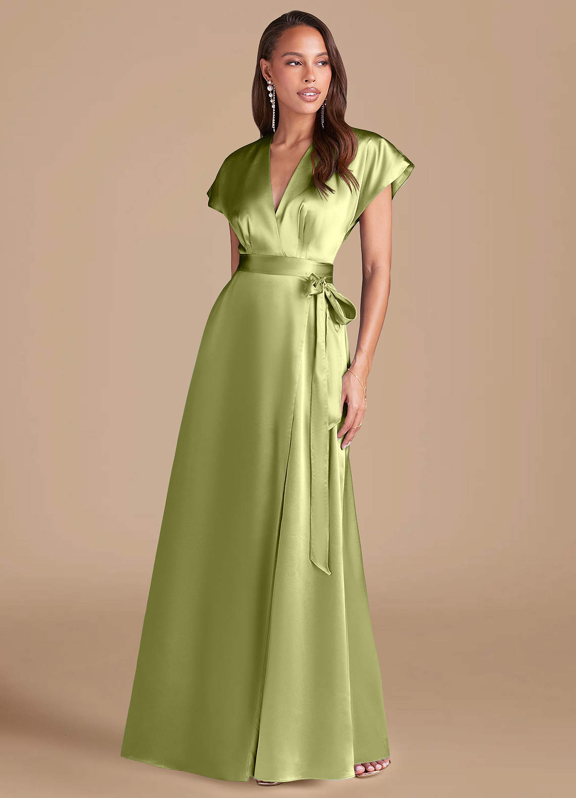 Azazie Nico Brautjungfernkleider A-Linie Plissee Metallischer Satin Kleid Pistazie image1