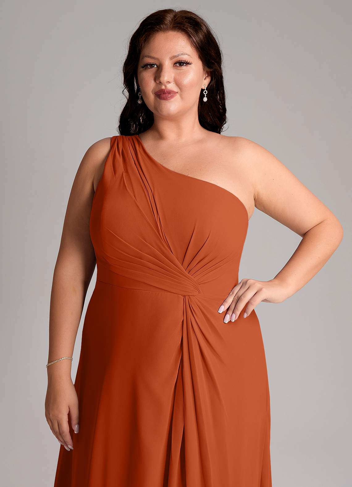 Azazie Brooke Vestidos de madrinha de casamento Vestido Laranja Queimada de Chiffon de Linha A com Um ombro image12