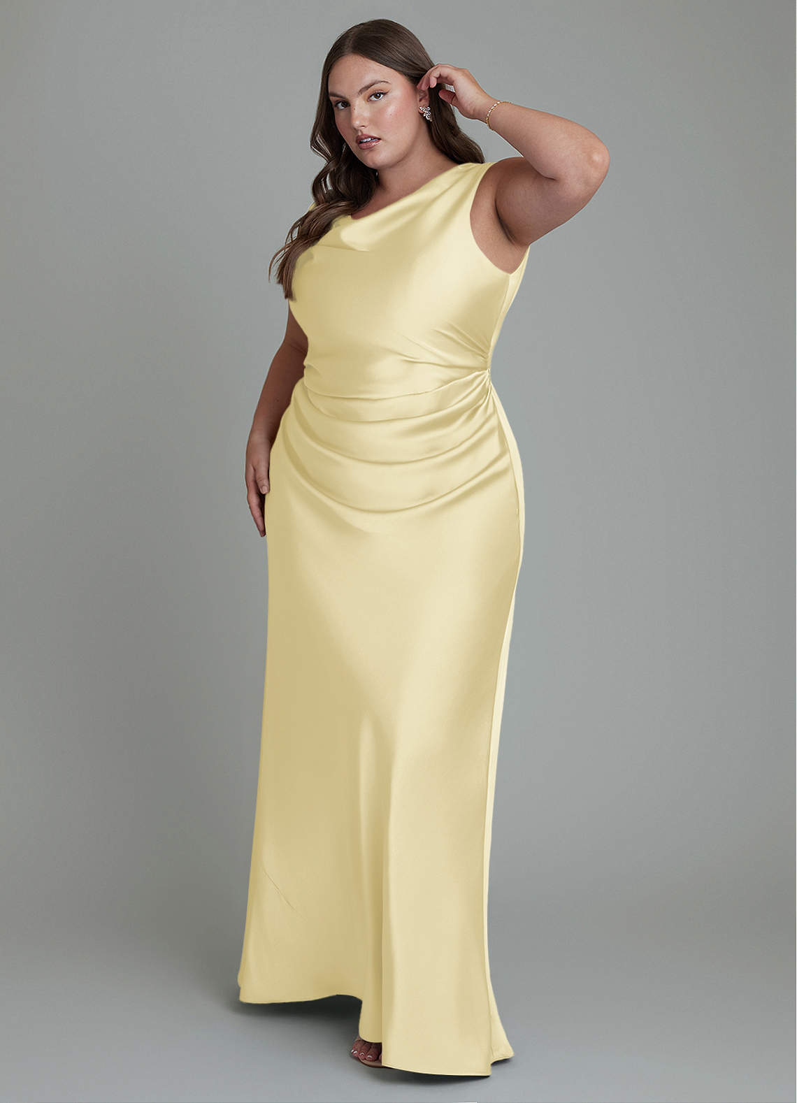 Azazie Kieryn Bridesmaid Dresses Lemon Sorbet Mermaid Pleated Stretch Satin Dress image8