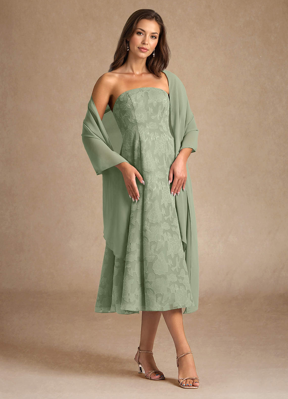 Azazie Lorain vestidos de madre de la novia Vestido de Salvia Polvorienta de Devorado Floral de Corte En A con Plisado image1