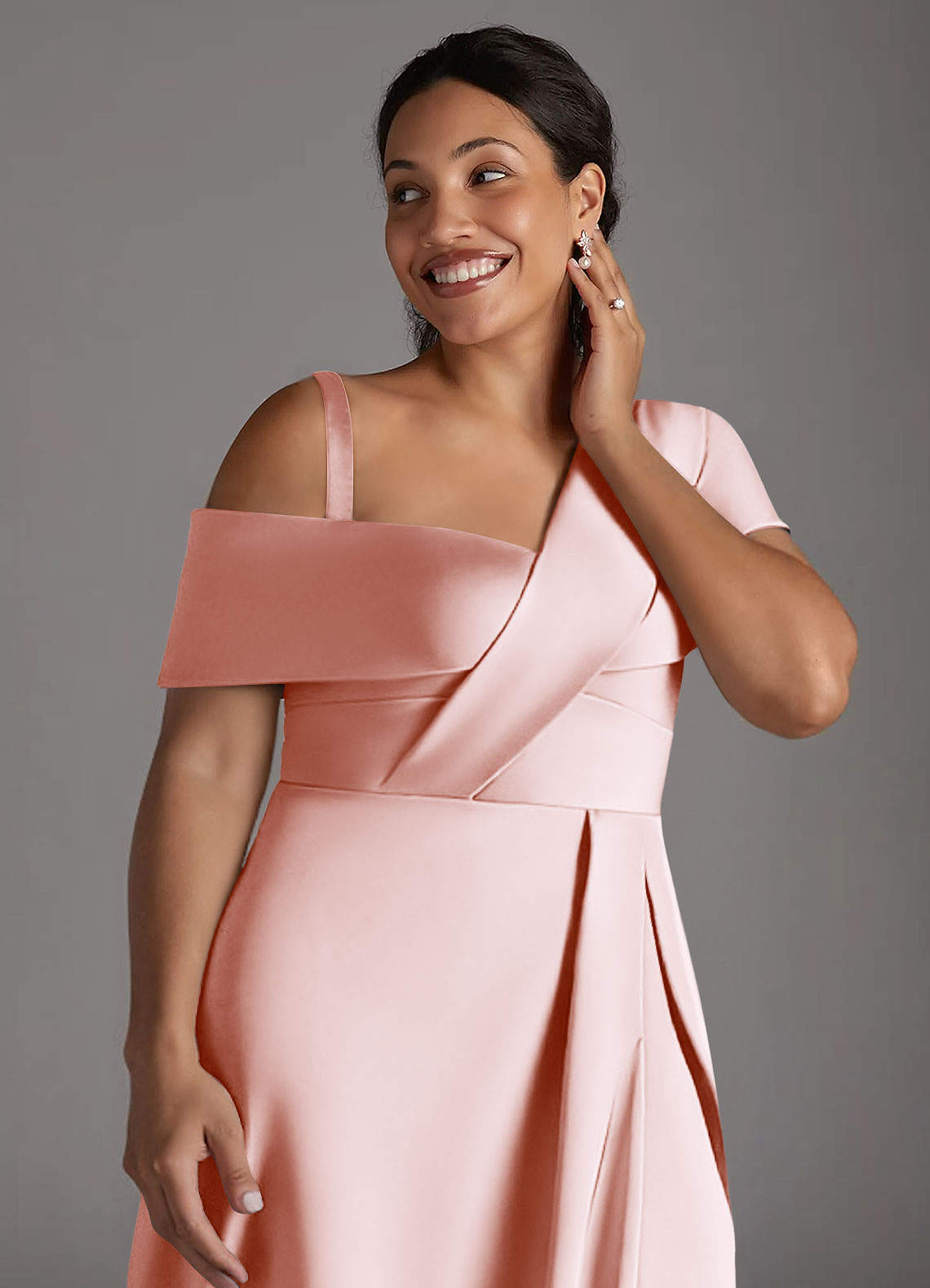 Azazie Milton Mother of the Bride Dresses Blushing Pink A-Line Pleated Stretch Satin Dress image13