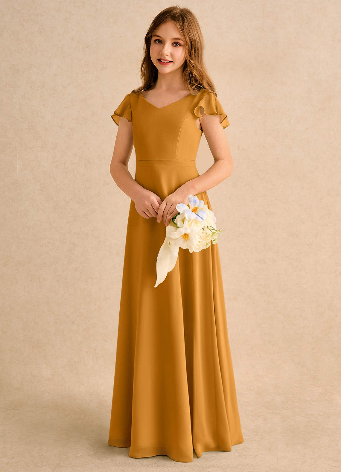 Azazie Nari Girls Formal Vestidos de florista Vestido Caramelo de Chiffon de Linha A com com Mangas image2