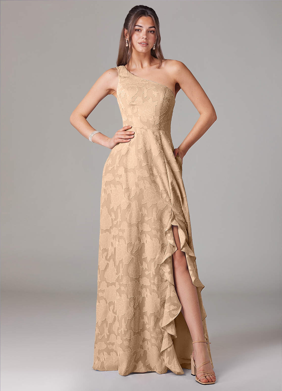 Azazie Ellianna Bridesmaid Dresses Champagne A-Line One Shoulder Floral Burnout Dress image1