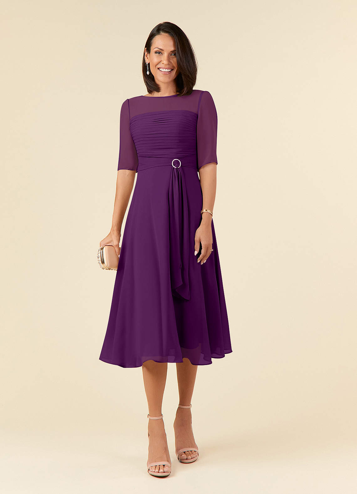 Azazie Naomi Mother of the Bride Dresses Grape A-Line Boatneck Pleated Chiffon Dress image1