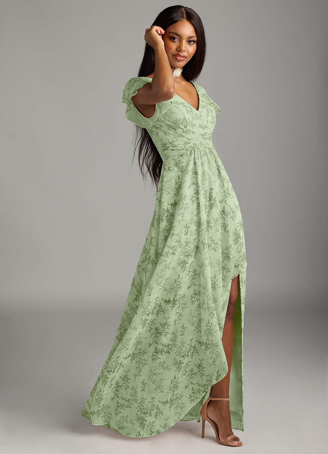 Azazie Omari Bridesmaid Dresses Green Fern Floral A-Line Chiffon Dress image2