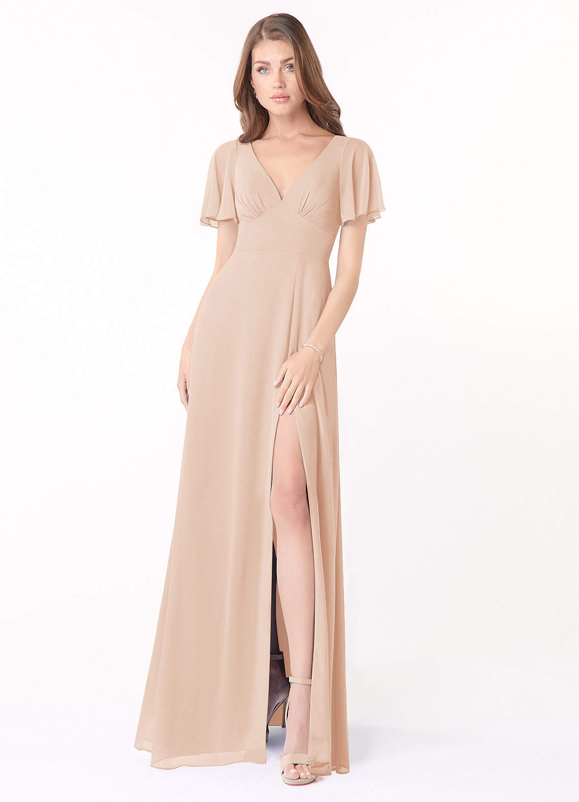 Azazie Kimber Bridesmaid Dresses English Rose A-Line Flounce Sleeve Chiffon Dress image1