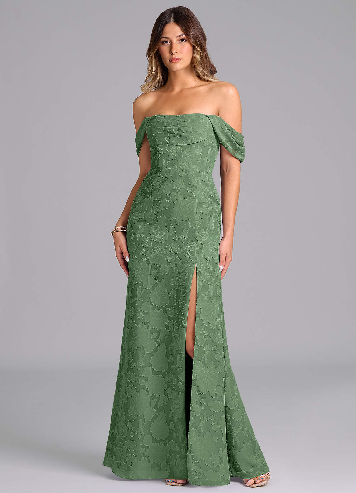 Azazie Saige Bridesmaid Dresses Eucalyptus A-Line Off the Shoulder Floral Burnout Convertible Dress image1