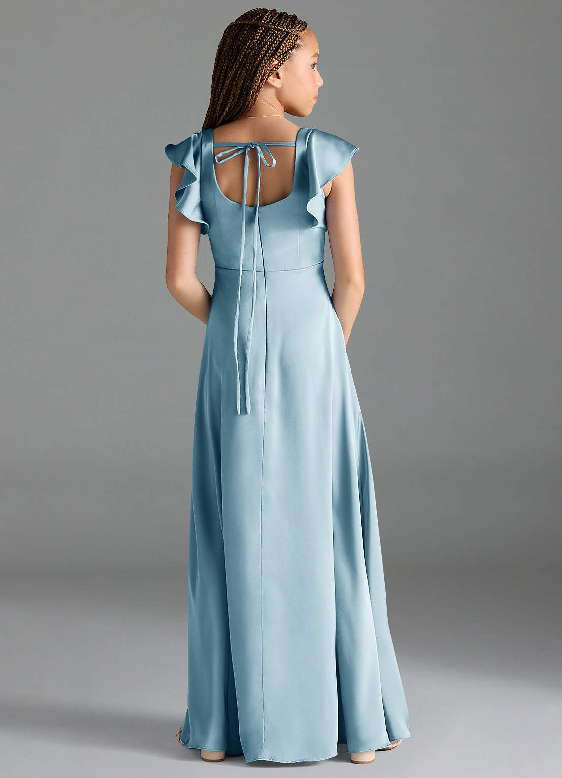 Azazie Bondi Junior Vestido Céu Azul de Cetim elástico de Linha A com Fenda Lateral image1