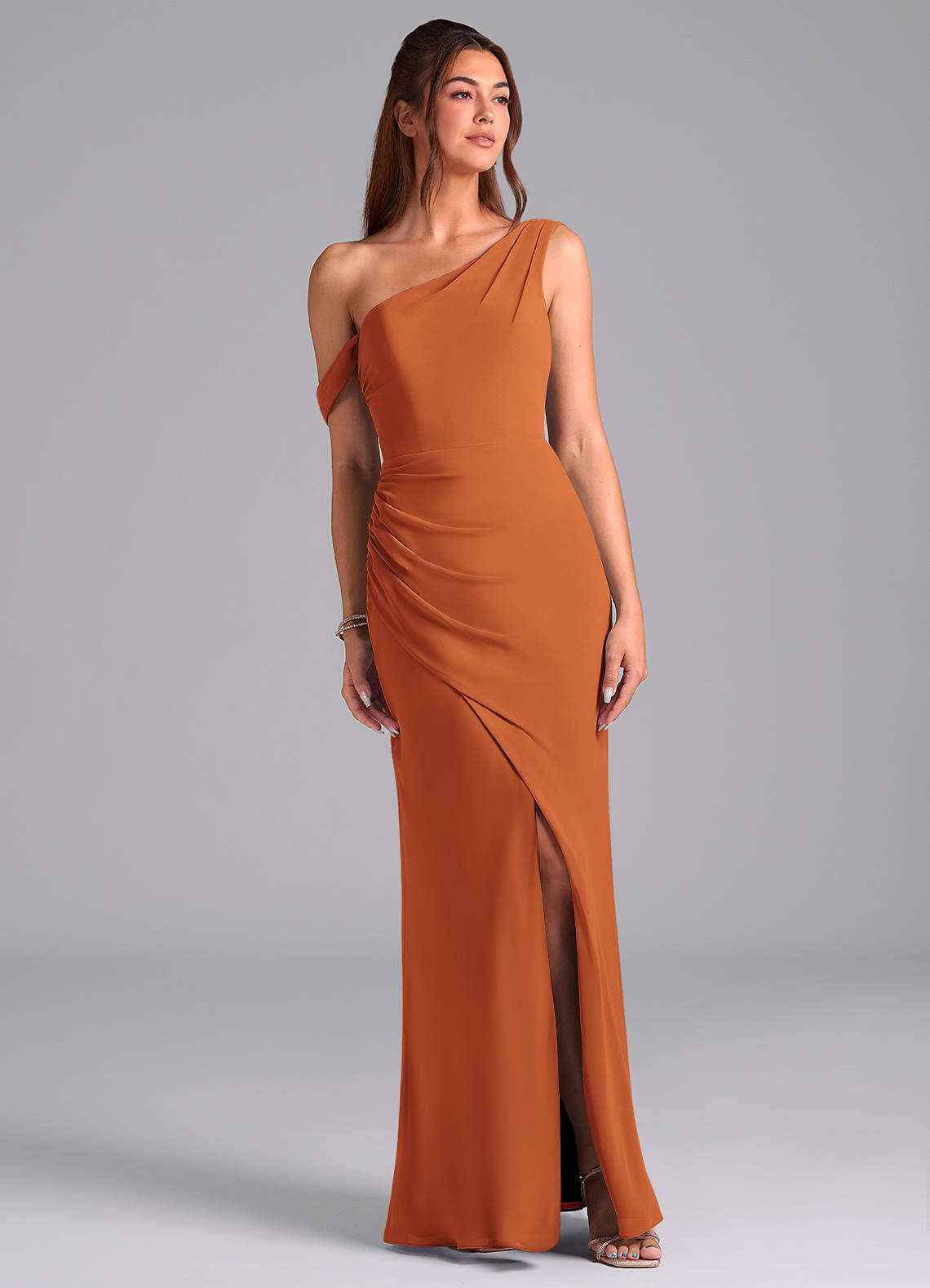Azazie Madelyn Bridesmaid Dresses Cinnamon Mermaid Off the Shoulder Chiffon Convertible Dress image1