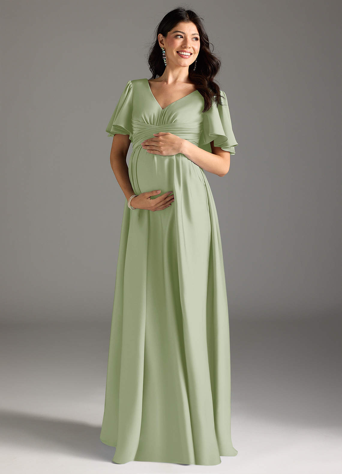 Azazie Verna vestidos de dama de honor de maternidad Vestido de Corte En A Volante Hasta el suelo Satén Elástico image2