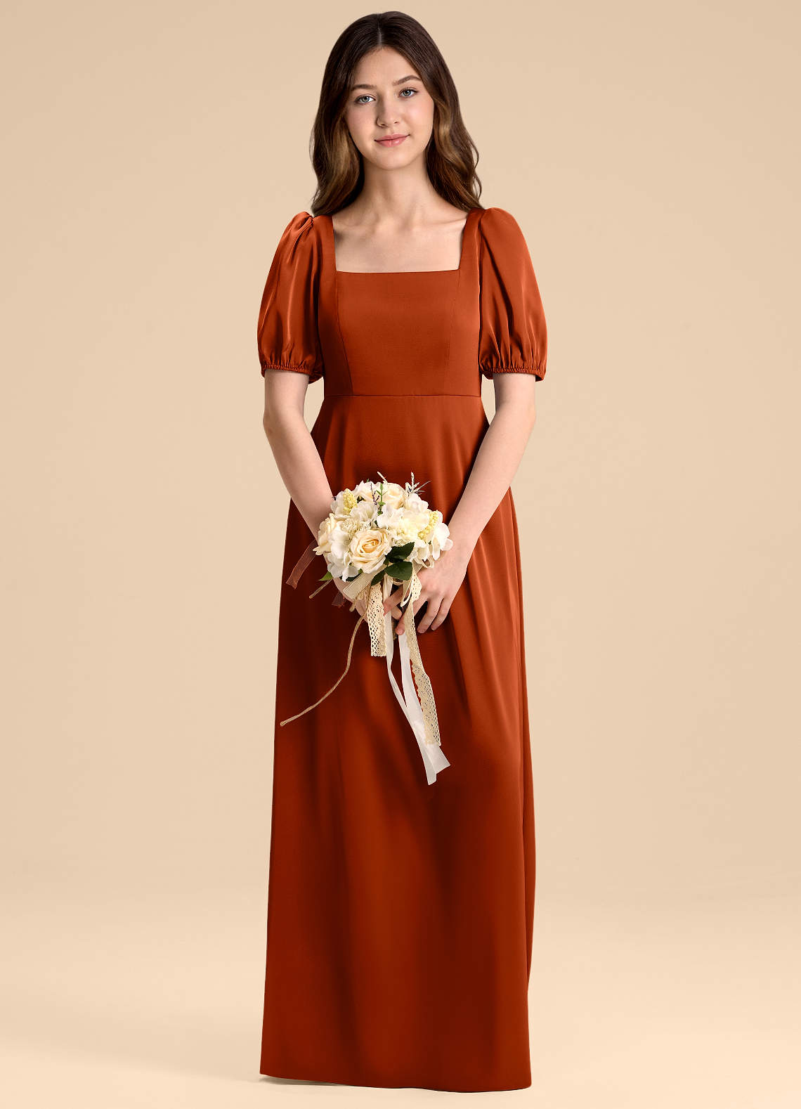 Azazie Briar Junior Paprika A-Line Bow Stretch Satin Dress image1