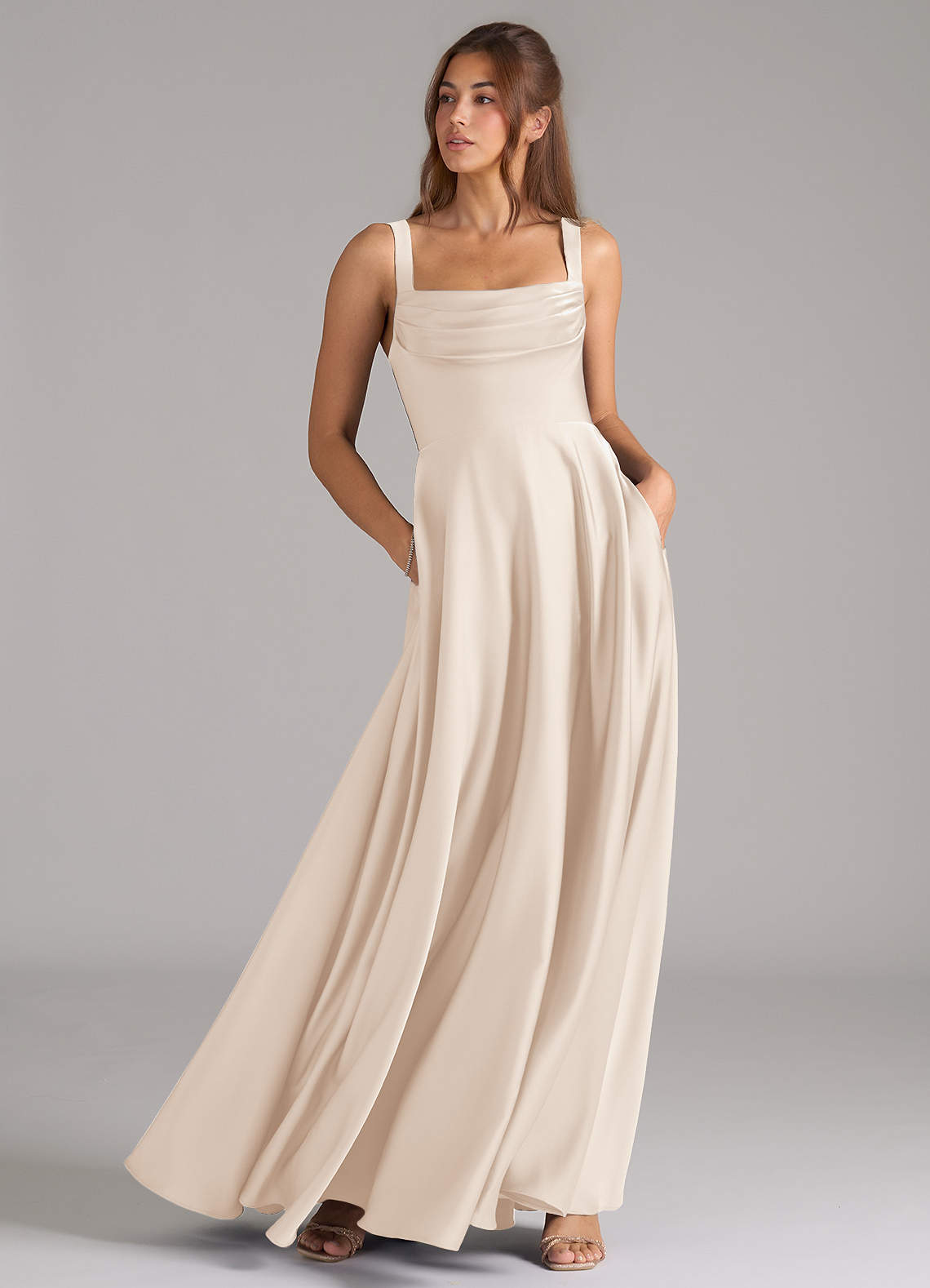 Azazie Shaude Brautjungfernkleider A-Linie Plissee Stretch-Satin Kleid Alabaster Weiß image2