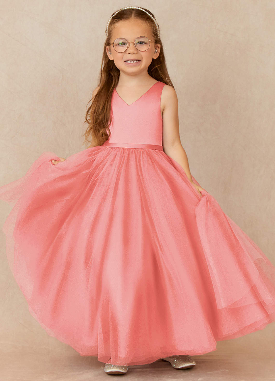 Azazie Marybell Flower Girl Dresses Coral A-Line Bow Tulle Dress image1