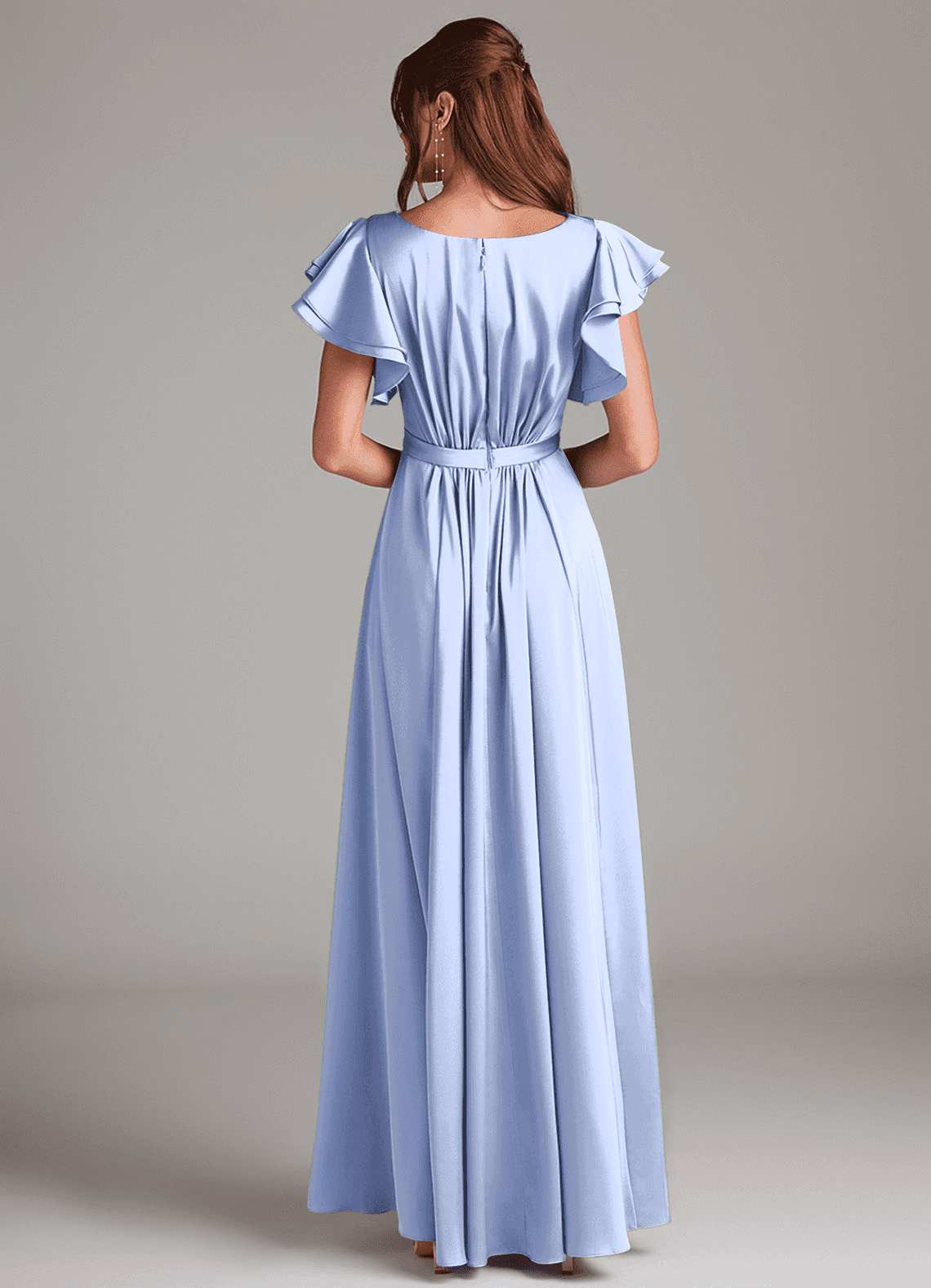 Azazie Daphne At-home Try On Dresses A-Line Ruched Stretch Satin Floor-Length Dress image5