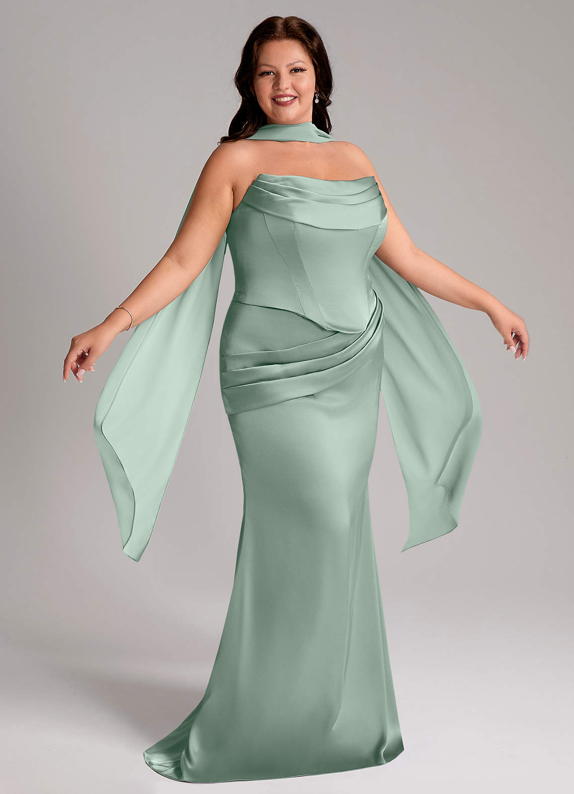 Azazie Sorrel At-home Try On Dresses Agave Mermaid Strapless Stretch Satin Convertible Dress image8