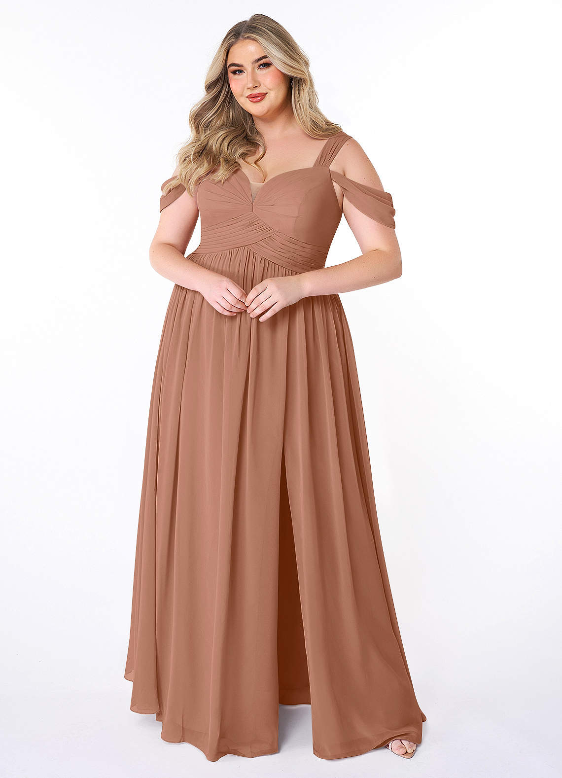 Azazie Lianne Bridesmaid Dresses Bronzer A-Line Off the Shoulder Chiffon Dress image1