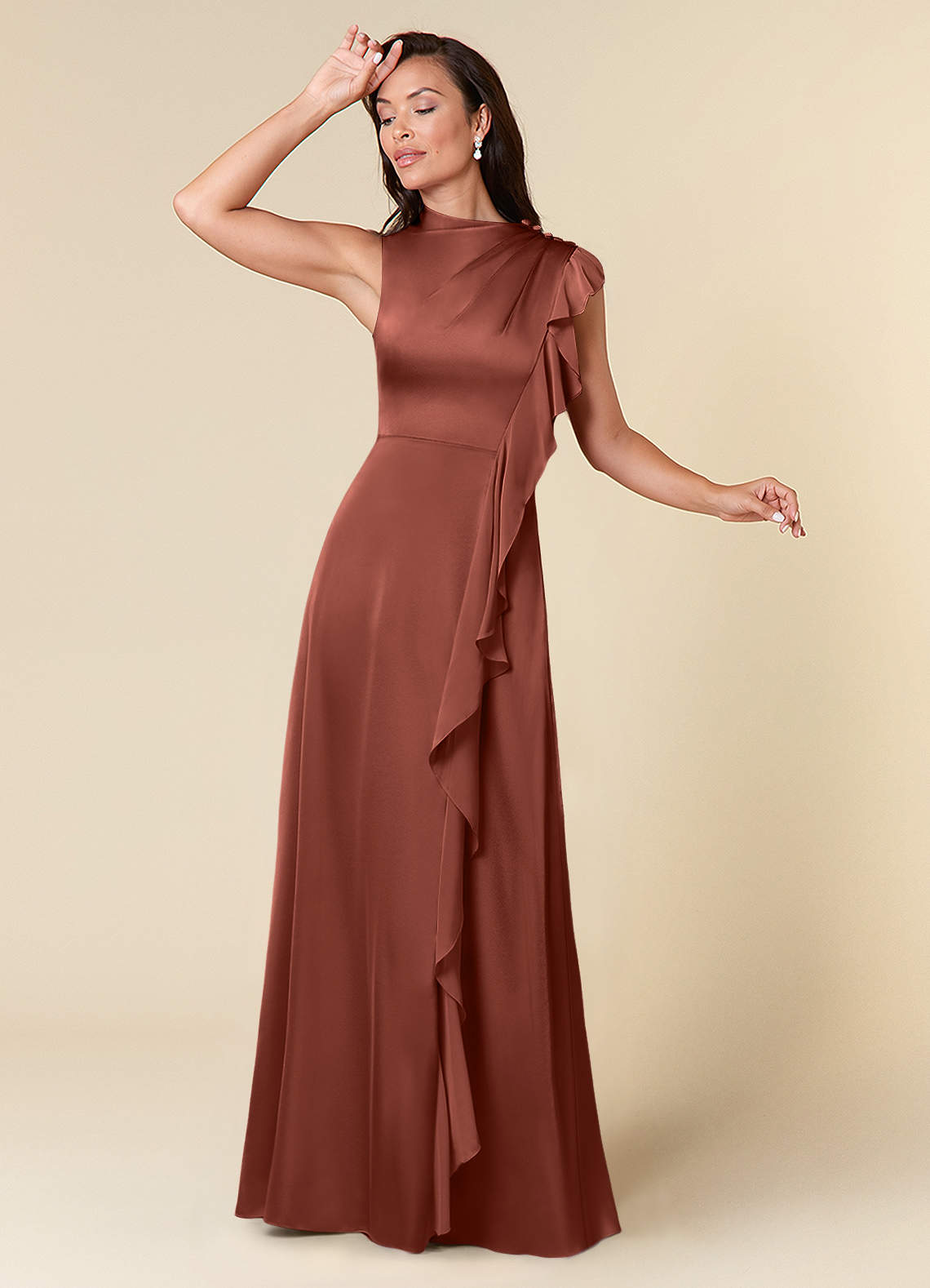 Azazie Narine Mother of the Bride Dresses Auburn A-Line High Neckline Pleated Stretch Satin Dress image1