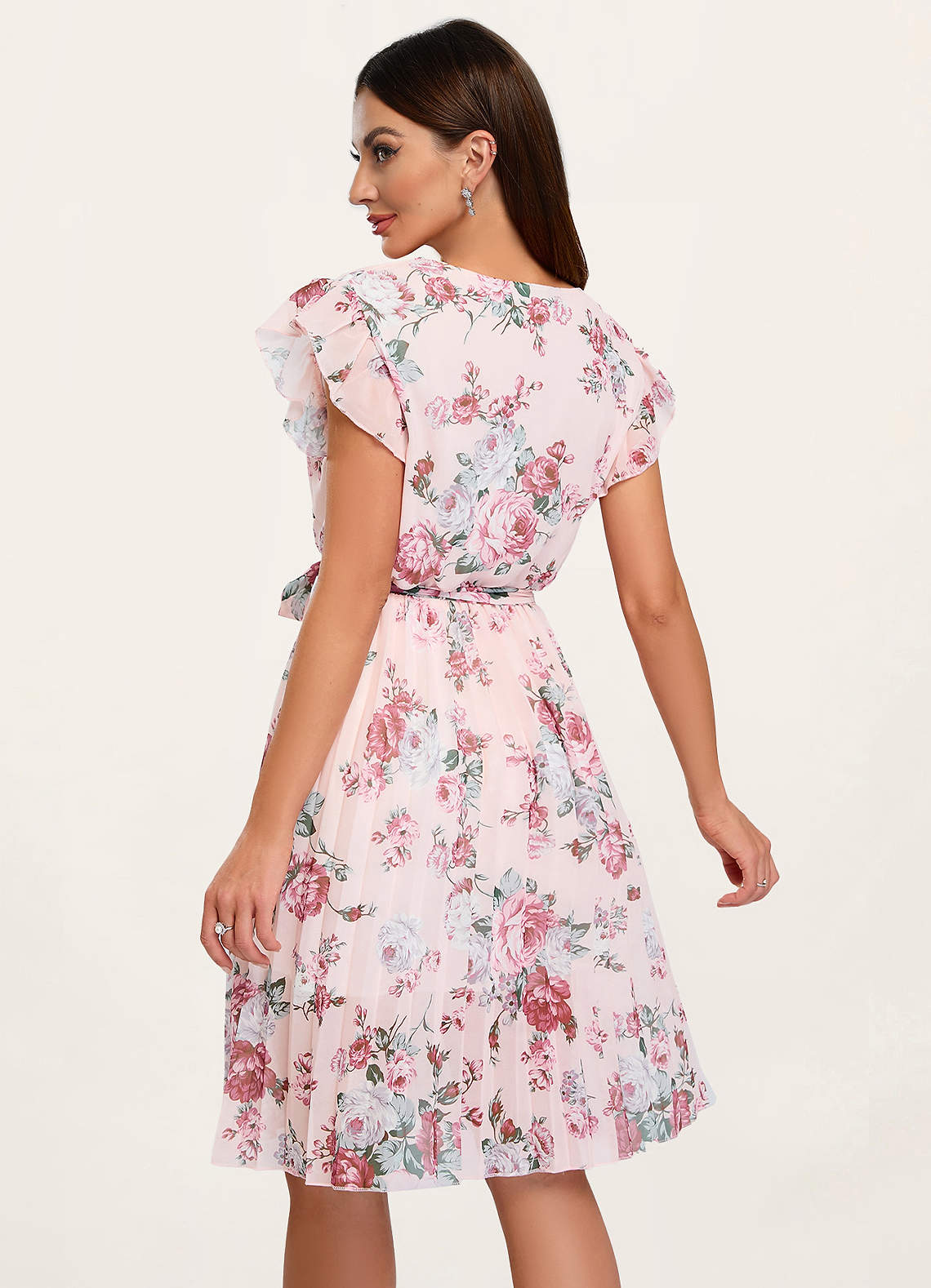 Cute Romantic {Color} Floral Print Pleated Flutter Sleeve Midi Dress