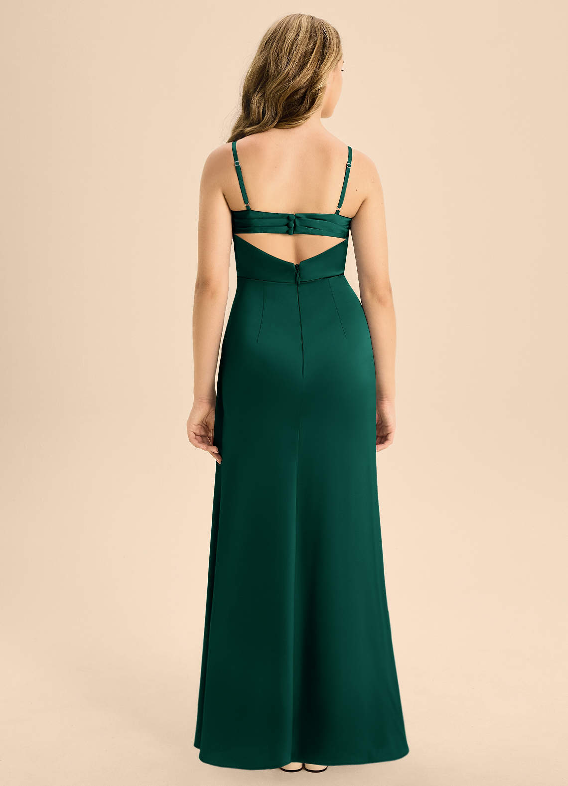 Azazie Renna Junior Vestido Esmeralda de Cetim elástico de Linha A com Plissado image1