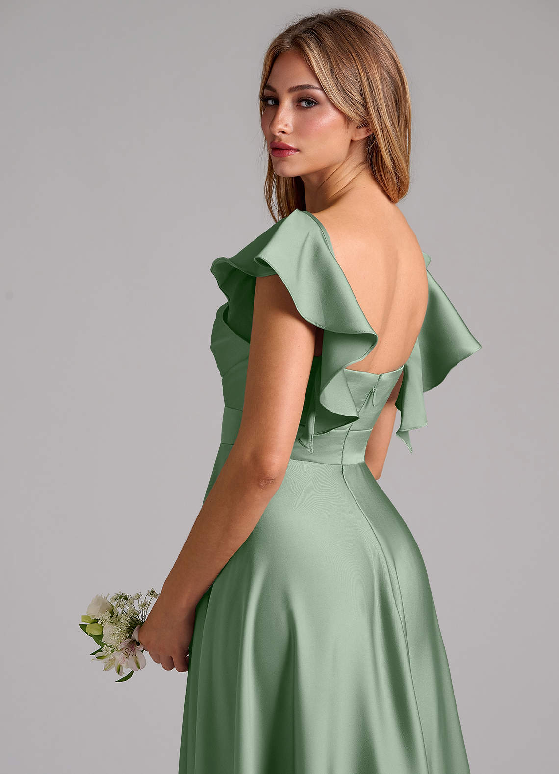 Azazie Leilani Brudtärnklänningar Klänning av A-Linje i Stretch Satin Rynkad Matcha image8
