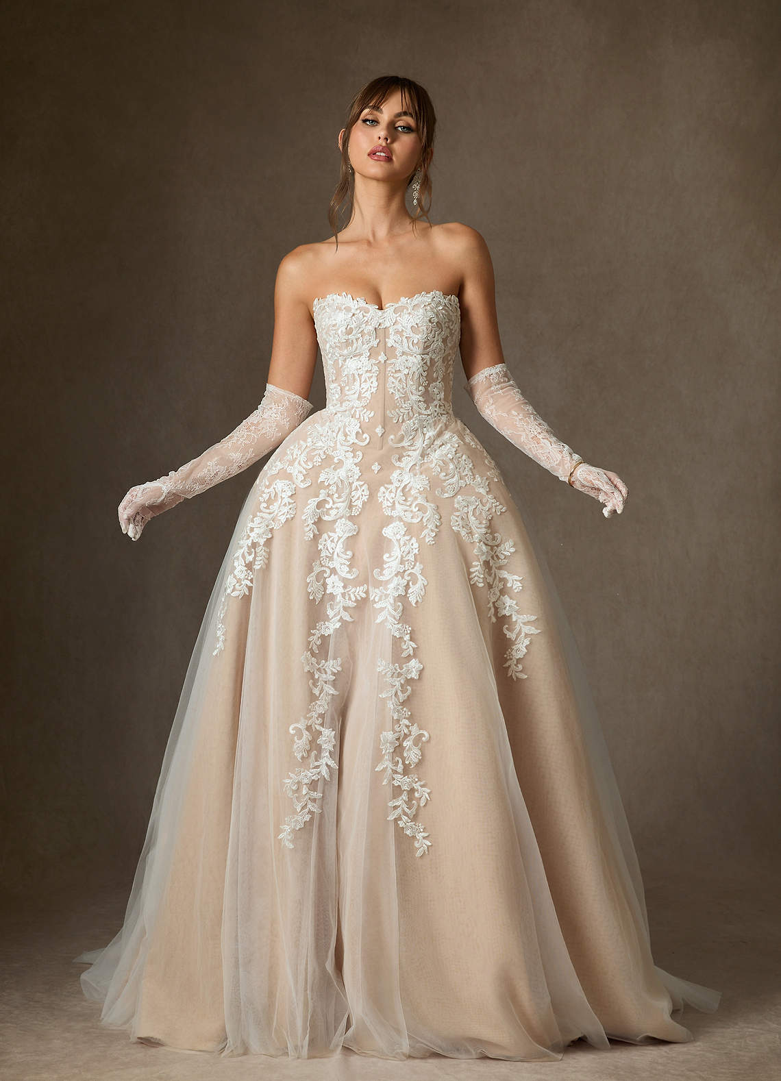 Azazie Sonnet Wedding Dresses Diamond White Champagne Ball-Gown Strapless Lace Dress image1