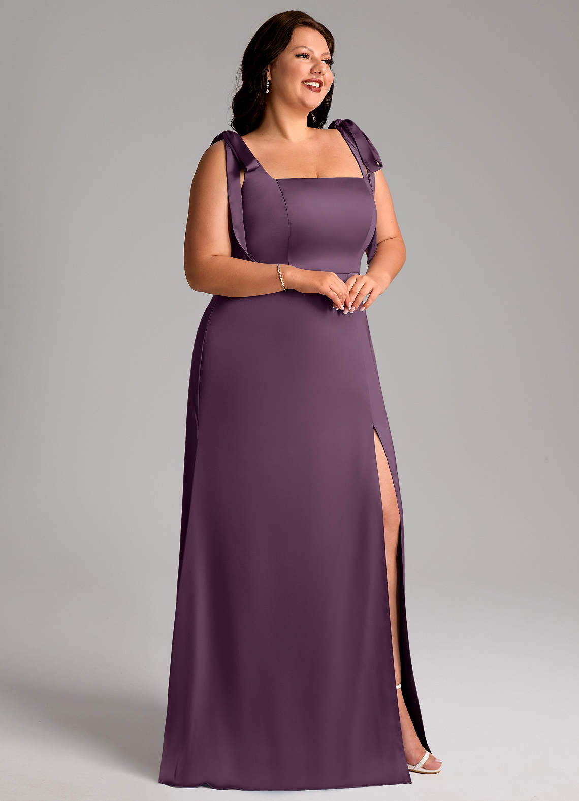 Azazie A-Line Square Neck Floor-Length Stretch Satin Bridesmaid Dresses - Plum