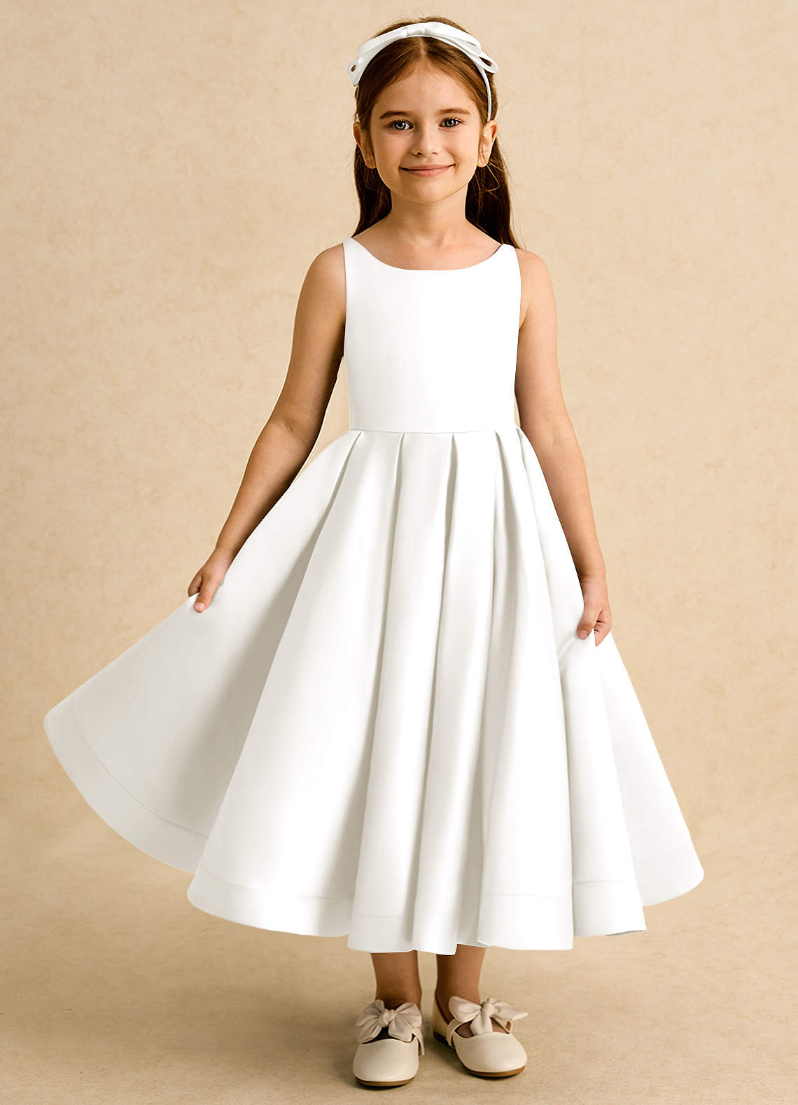 Azazie Babs Flower Girl Dresses Ivory Ball-Gown Pleated Matte Satin Dress image1