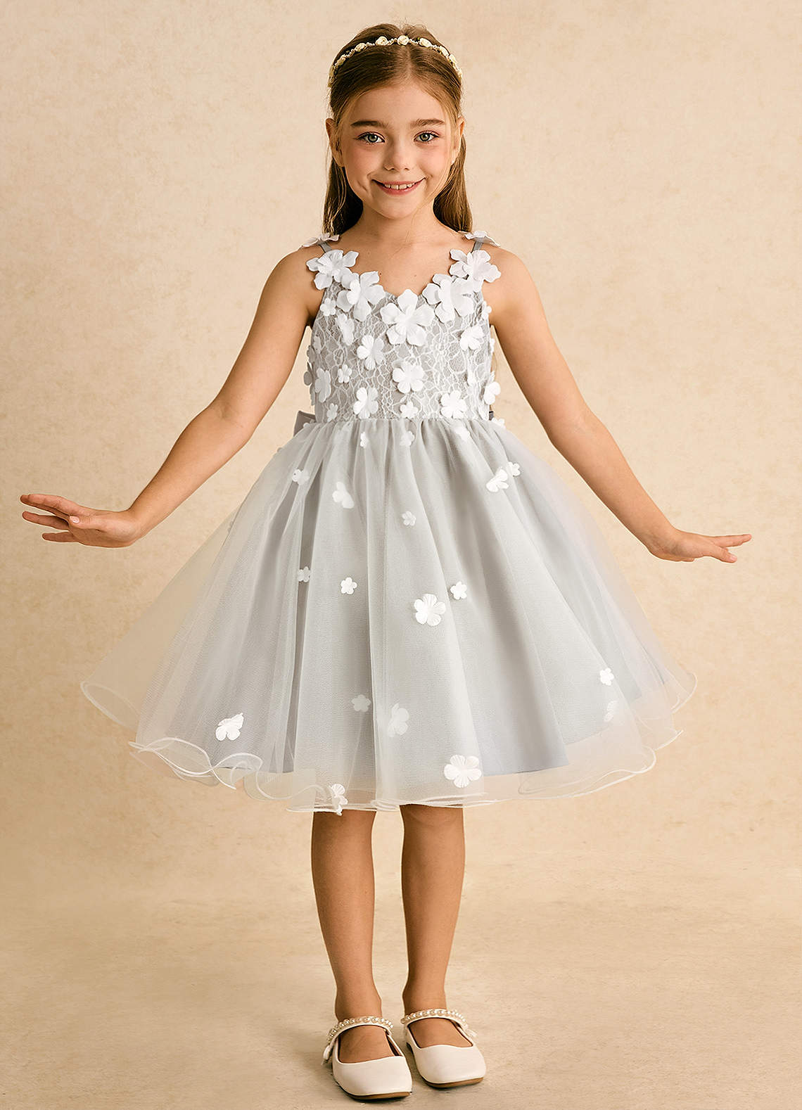 Azazie Junebug Robe Demoiselle D'honneur Fillette Robe Princesse en Tulle Dentelle Ivoire Givre image2