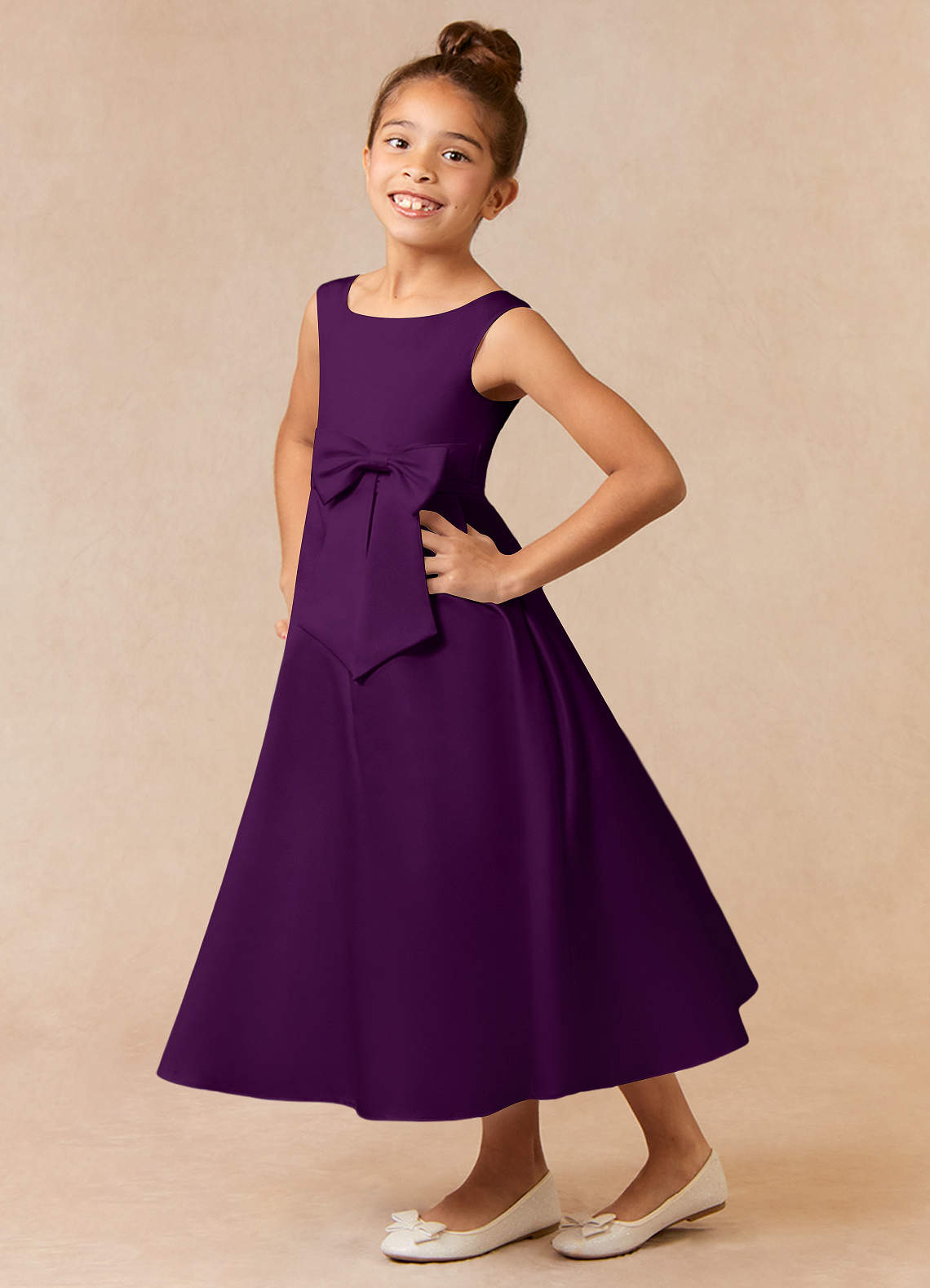 Azazie Lindy Flower Girl Dresses Grape A-Line Pleated Matte Satin Dress image1