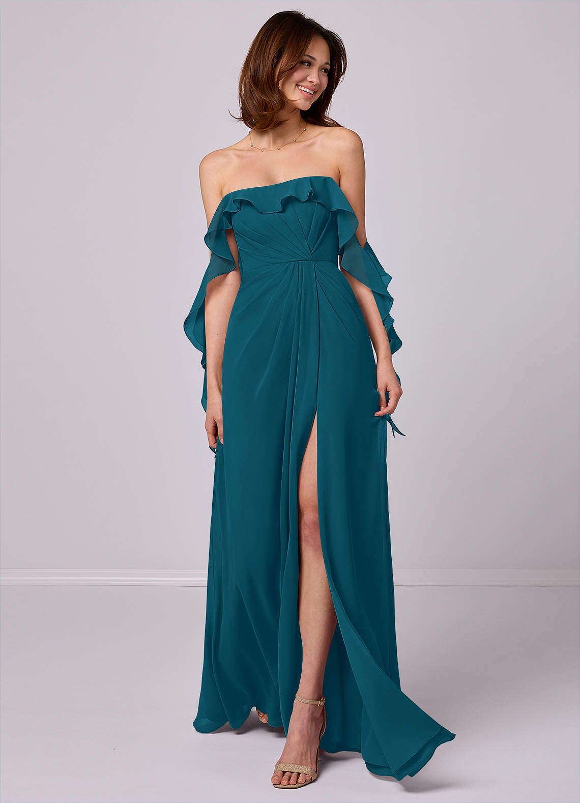 Barbie ♥ Azazie Bridesmaid Dresses Ink Blue A-Line Off the Shoulder Chiffon Convertible Dress image1