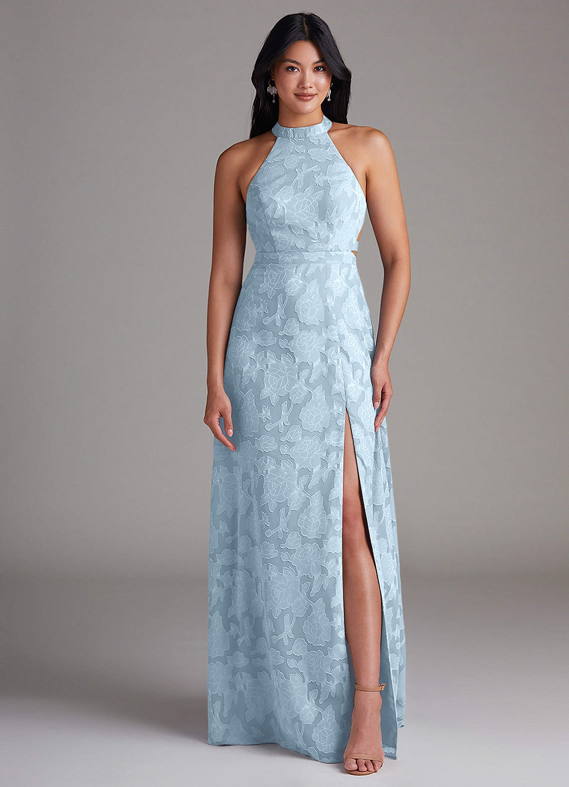 Azazie Clarice Robes de demoiselle d'honneur Robe Trapèze en Blumen-Burnout Fente Latérale Bleu Ciel image3