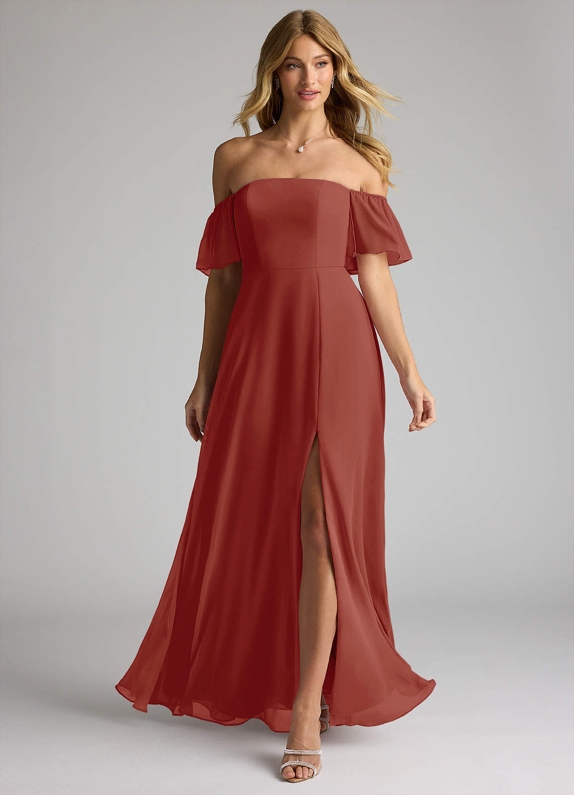 Azazie Sue Vestidos de damas de honor Vestido de Terracota de Gasa de Corte en A Convertible con Vestidos sin tirantes image1