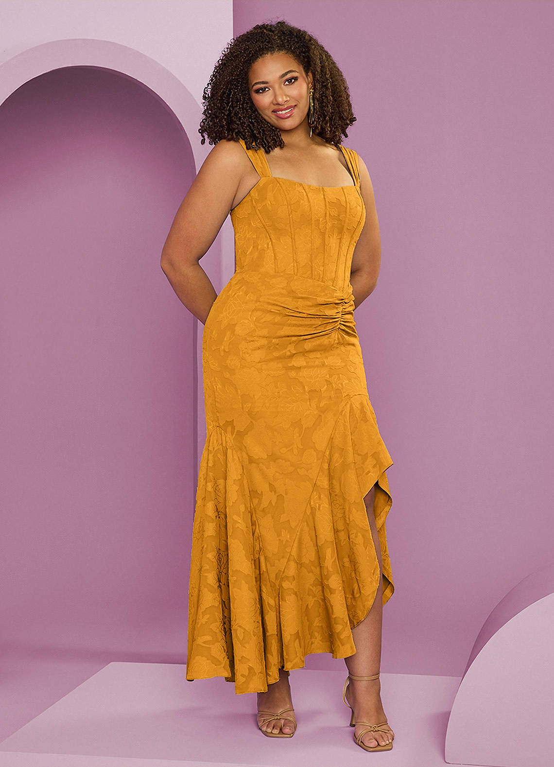 Barbie ♥ Azazie Bridesmaid Dresses Butterscotch Sheath Side Slit Floral Burnout Dress image1
