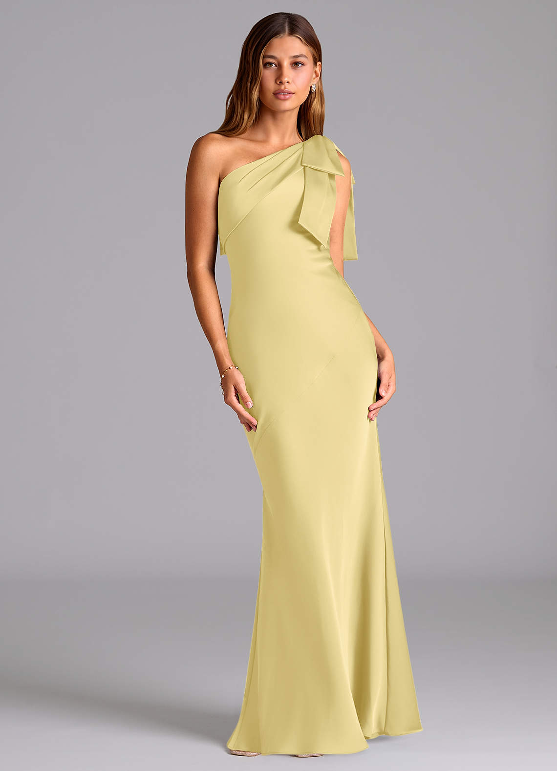 Azazie Yuanna Bridesmaid Dresses Lemon Sorbet Mermaid One Shoulder Stretch Satin Dress image1