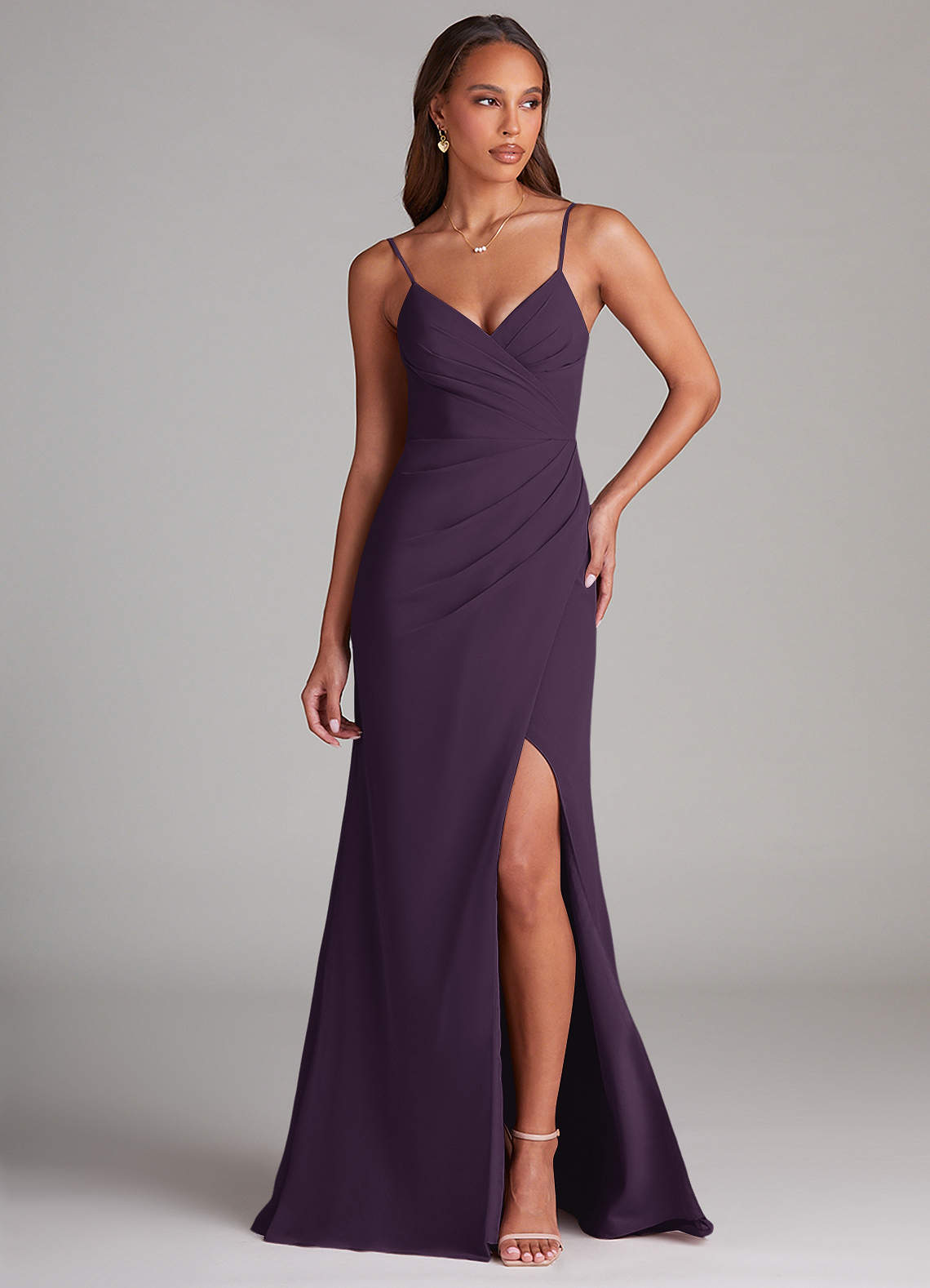Azazie Maci Bridesmaid Dresses Plum Sheath Pleated Chiffon Dress image1