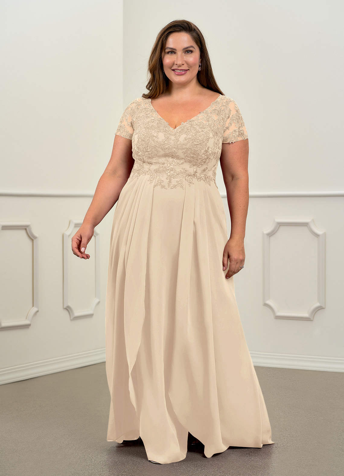 Azazie Dunja Mother of the Bride Dresses Champagne A-Line V-Neck Lace Chiffon Dress image1