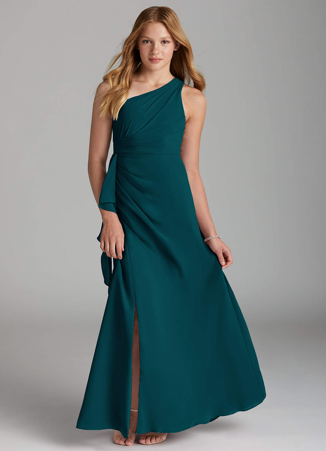 Azazie Maive Junior Pine A-Line Pleated Chiffon Dress image1
