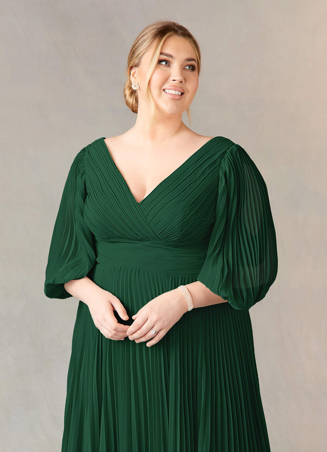 Azazie Zahara Dark Green A-Line V-Neck Pleated Chiffon Dress Ready to Ship  | Azazie