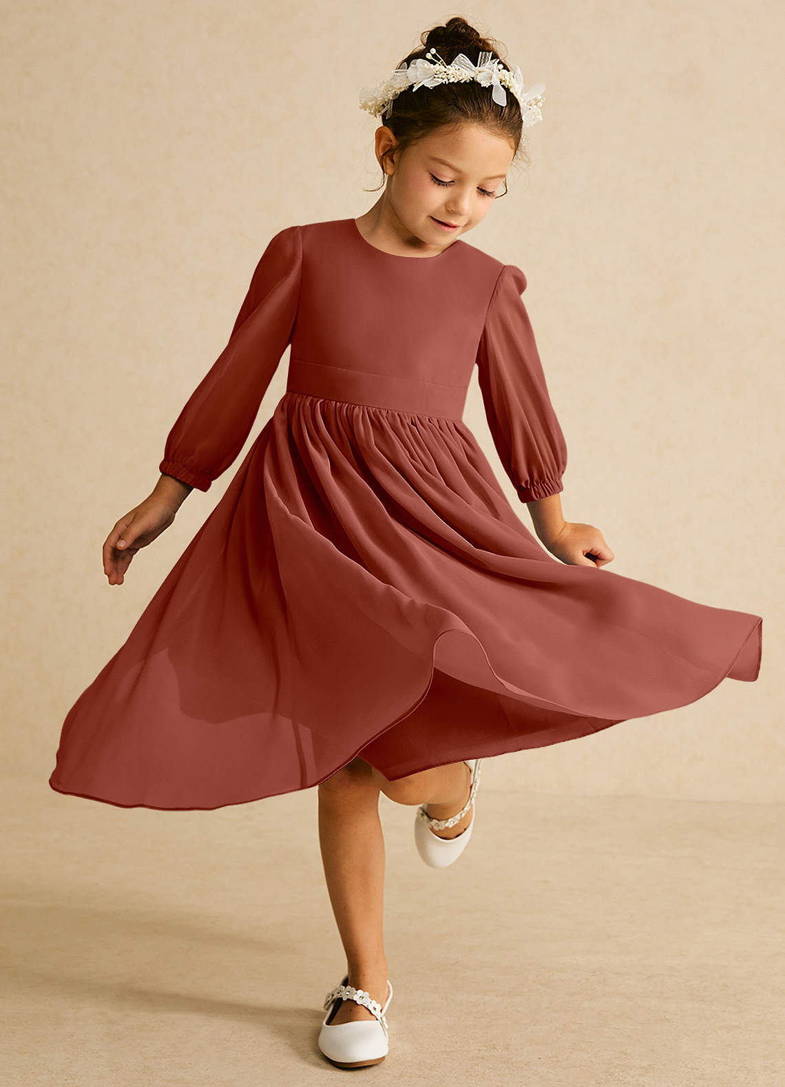Azazie Lolo Flower Girl Dresses Auburn A-Line with Sleeves Chiffon Dress image1