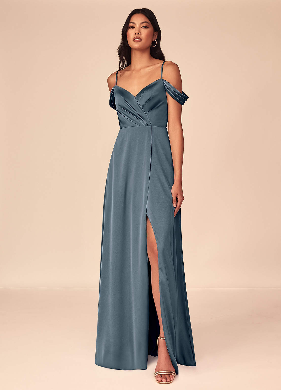Azazie Ocean Bridesmaid Dresses Twilight A-Line V-Neck Pleated Stretch Satin Dress image1