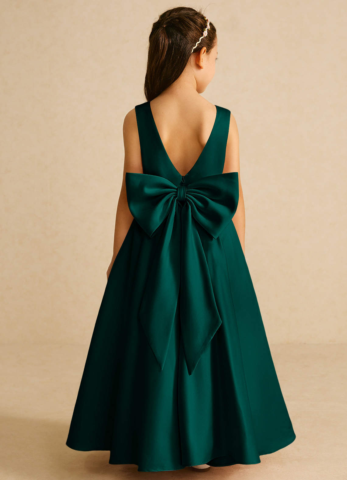 Azazie Pipsy Flower Girl Dresses Pine A-Line Bow Matte Satin Dress image1