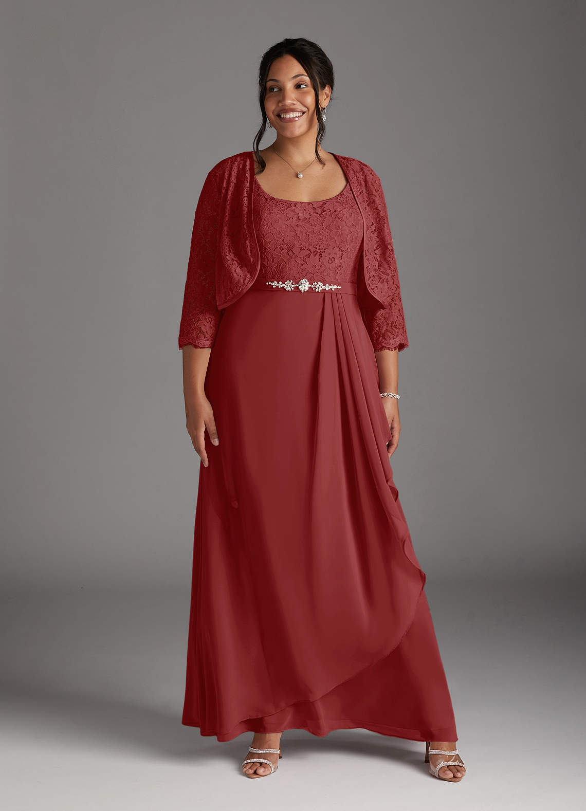 Azazie Ainsling Mother of the Bride Dresses Rust A-Line Square Neckline Lace Chiffon Dress image1