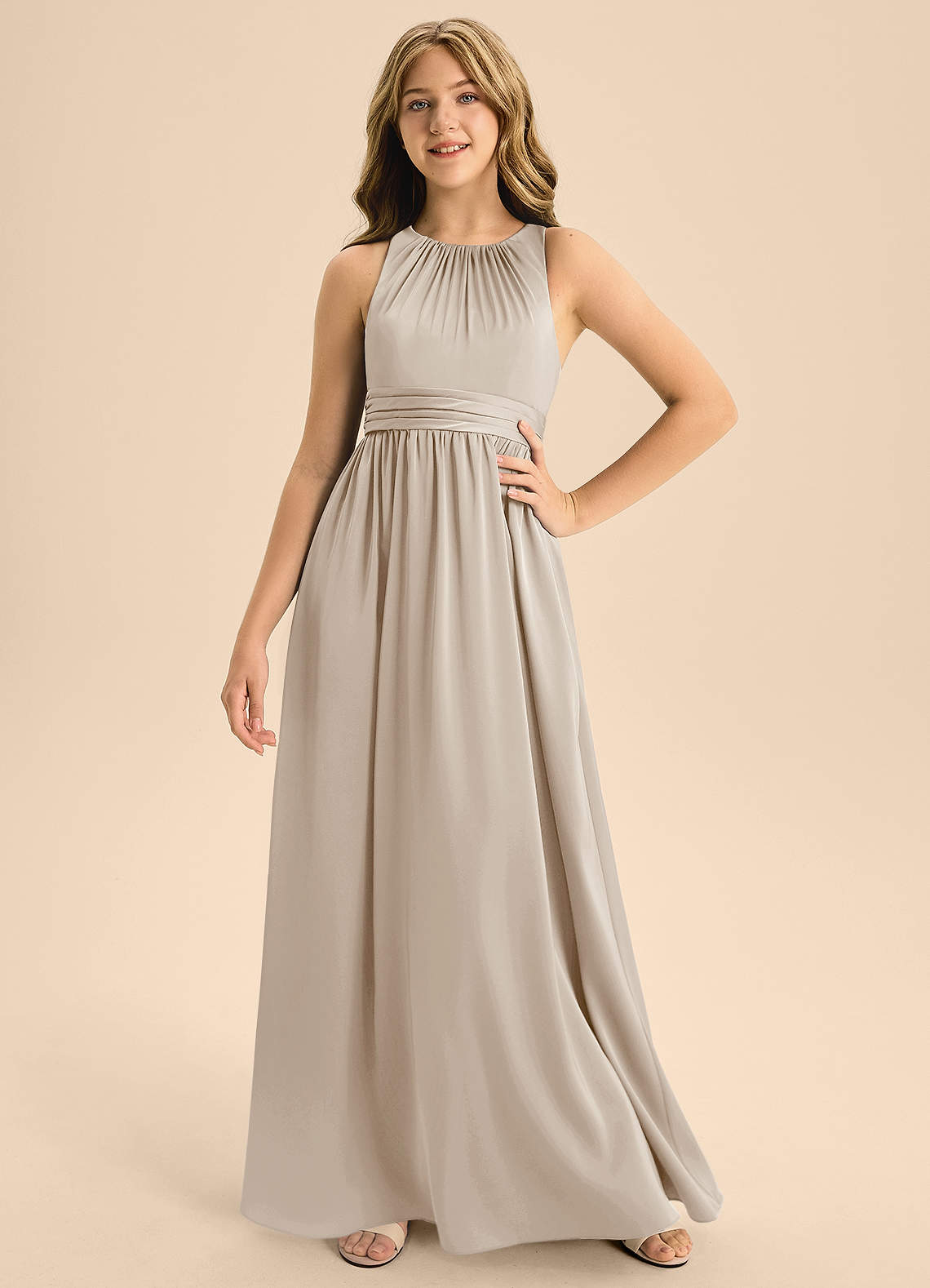 Azazie Jaylah Junior Frost A-Line Pleated Stretch Satin Dress image1