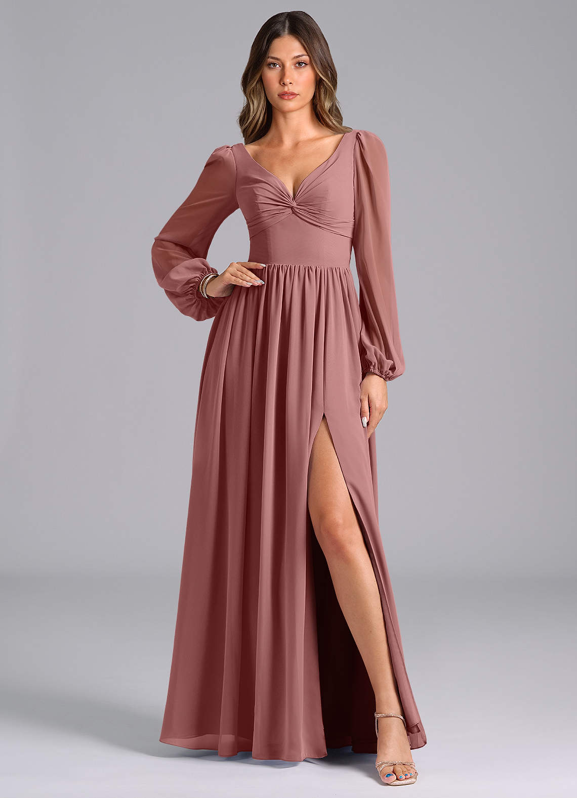 Azazie A-Line V-Neck Long Sleeve Floor-Length Chiffon Bridesmaid Dresses - Desert Rose Azazie A-Line V-Neck Long Sleeve Floor-Length Chiffon Bridesmaid Dresses - Desert Rose