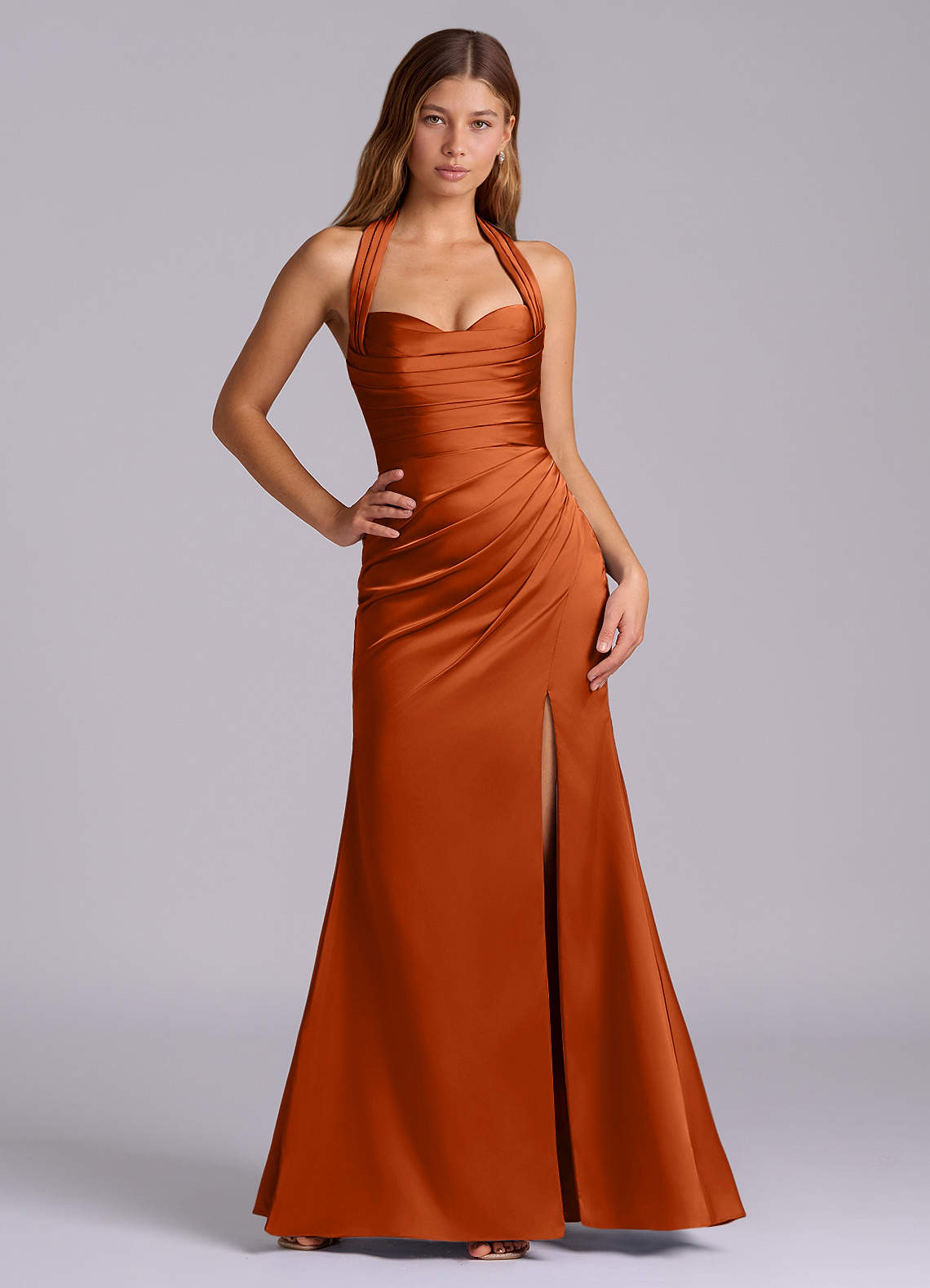 Azazie Destiny Burnt Orange Stretch Satin Bridesmaid Dresses | Azazie